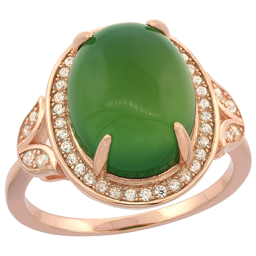 Sterling Silver Oval Green Serpentine Micro Pave CZ Ring Leaf Accents Rose Gold Finsih, 21/32 inch wide, sizes 6 - 9