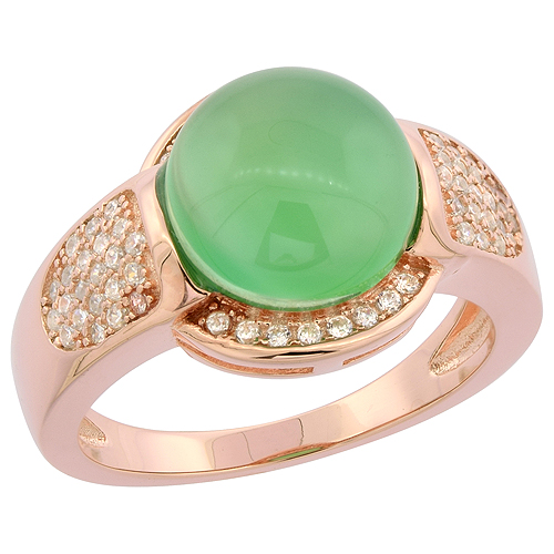 Sterling Silver Round Green Serpentine Ring with Micro Pave CZ Rose Gold Finish, 1/2 inch wide, sizes 6 - 9
