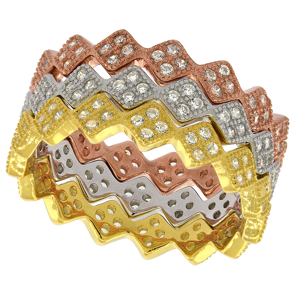 Sterling Silver Micro Pave Cubic Zirconia Eternity Stacking Rings Diamond Shape Set of 3 Pave Setting 3-color 1/4 inch wide, sizes 6 10