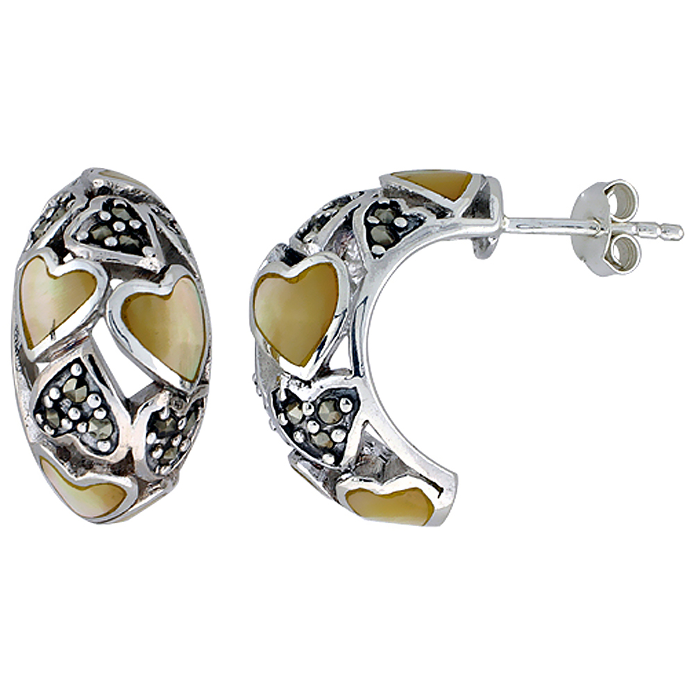 Sterling Silver Marcasite and Natural Shell Earrings J-shape, 7/16 inch wide