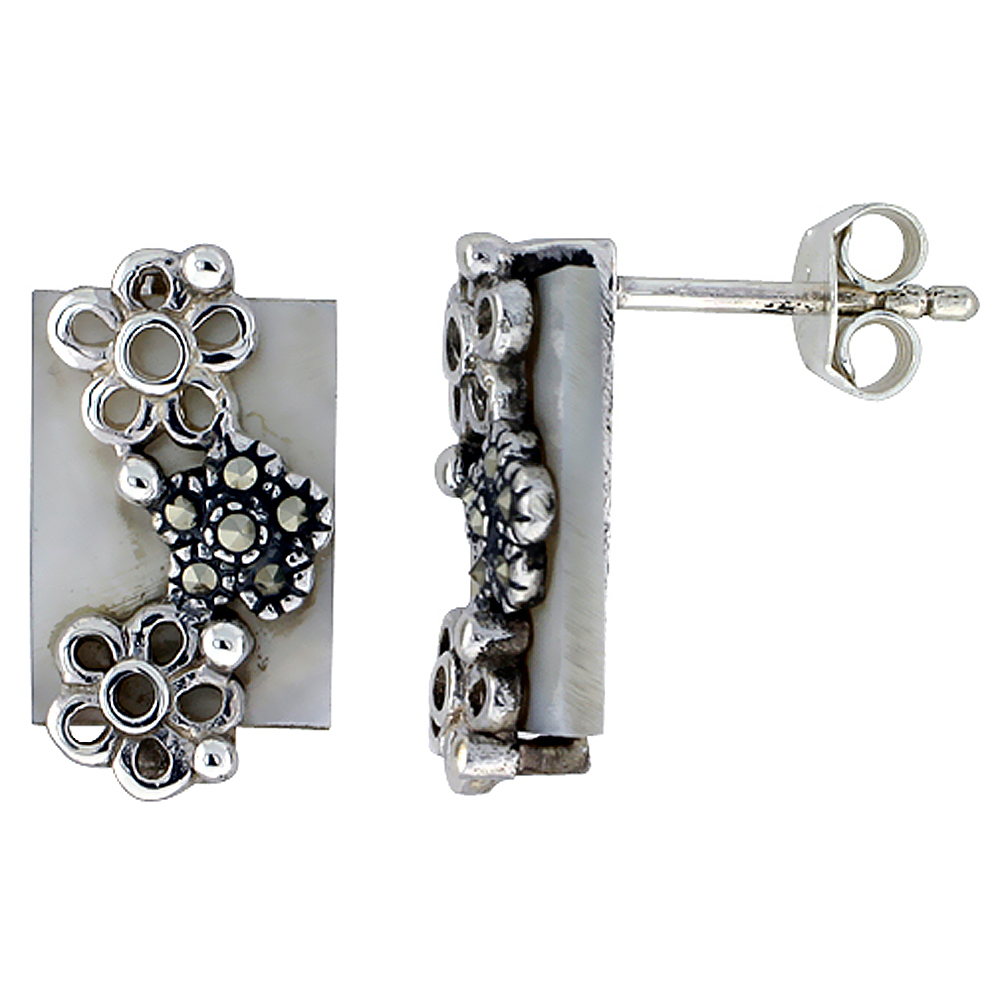 Sterling Silver Marcasite Flower Earrings on Mother of Pearl, 3/8 inch wide