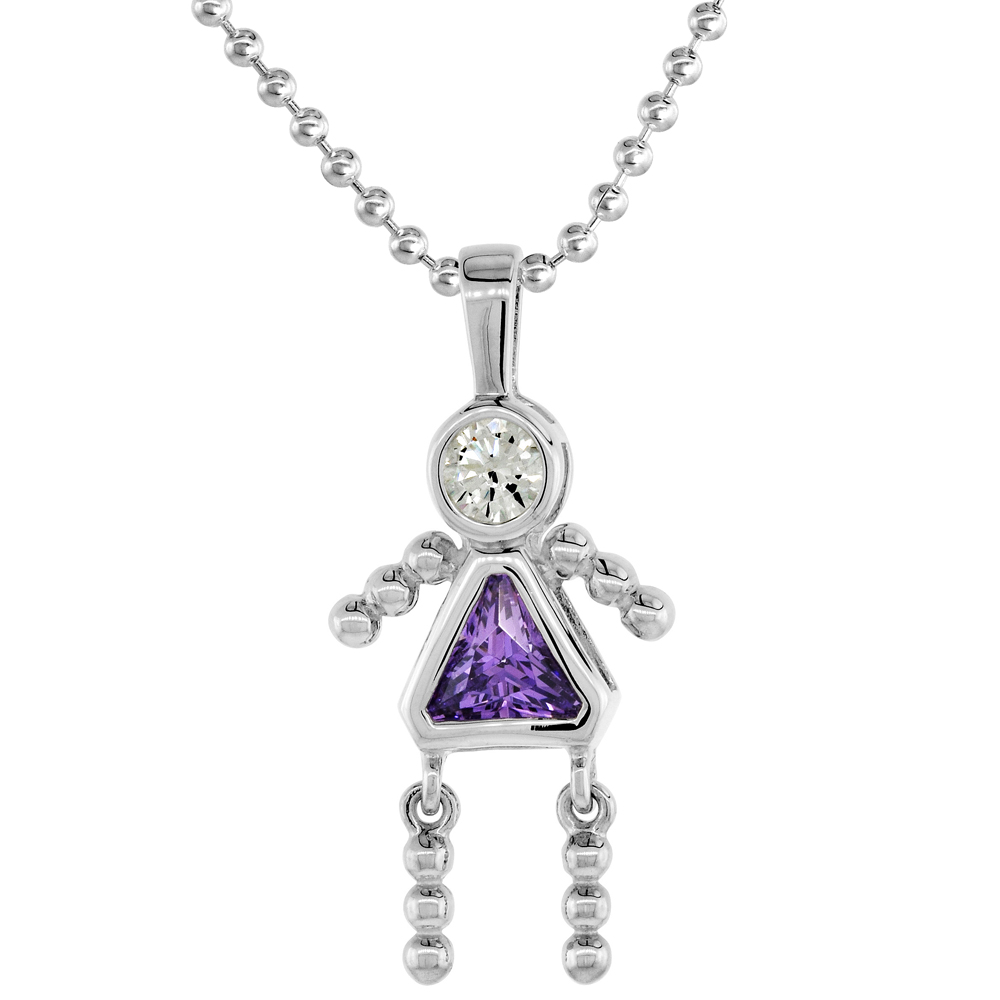 Sterling Silver Birthstone Necklace February Baby Brat Girl Amethyst Color Cubic Zirconia, 16 inch