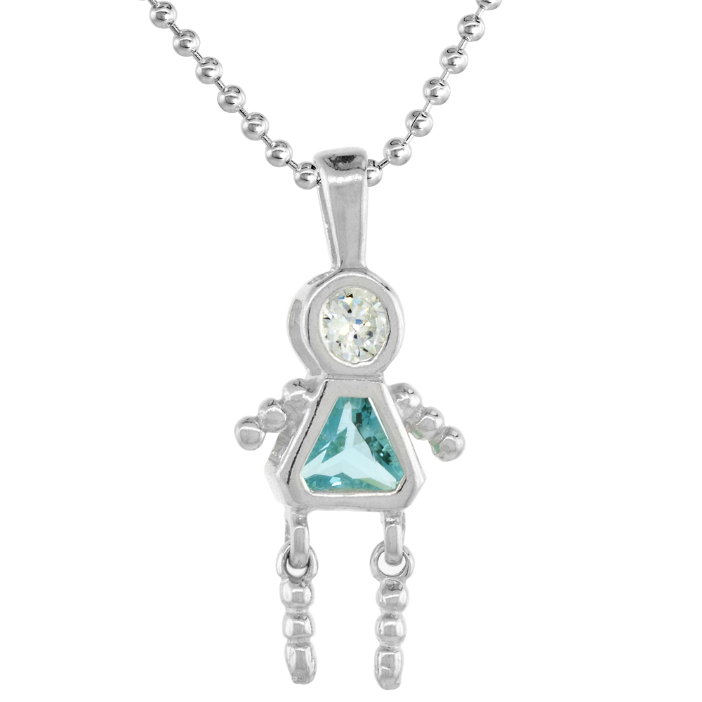 Sterling Silver Birthstone Necklace March Baby Brat Girl Aquamarine Color Cubic Zirconia, 16 inch