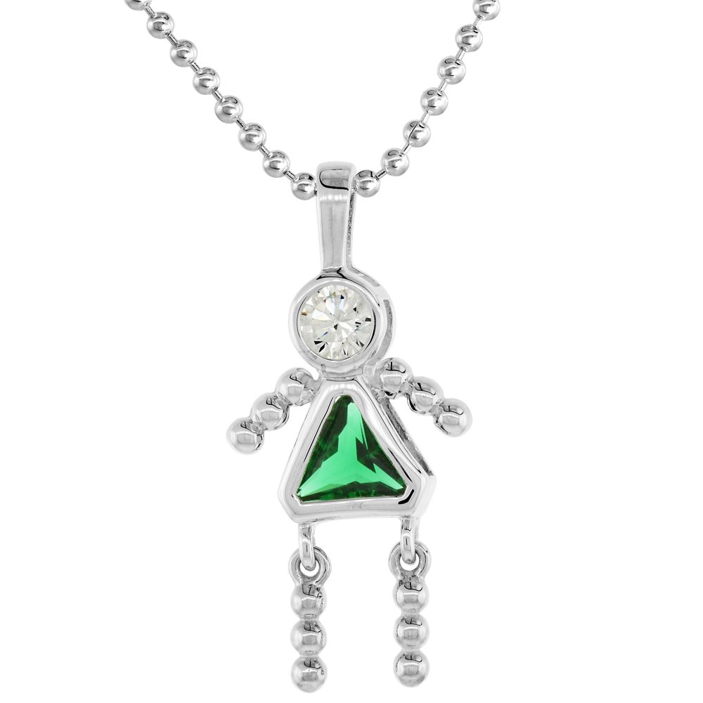 Sterling Silver Birthstone Necklace May Baby Brat Girl Emerald Color Cubic Zirconia, 16 inch