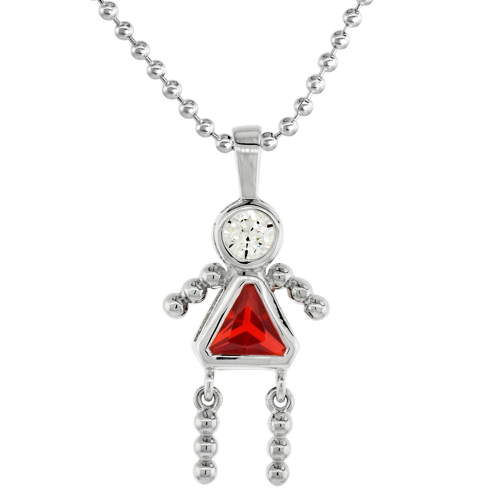 Sterling Silver Birthstone Necklace July Baby Brat Girl Ruby Color Cubic Zirconia, 16 inch