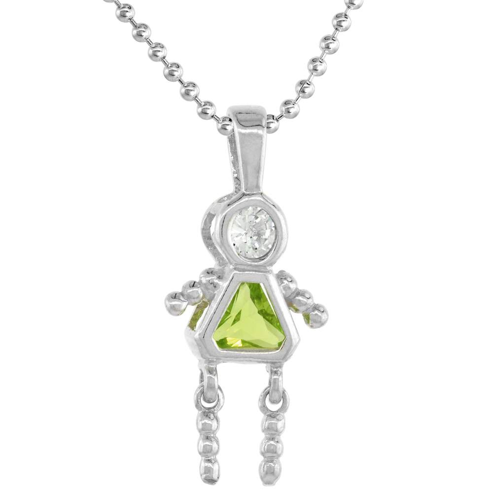 Sterling Silver Birthstone Necklace August Baby Brat Girl Peridot Color Cubic Zirconia, 16 inch