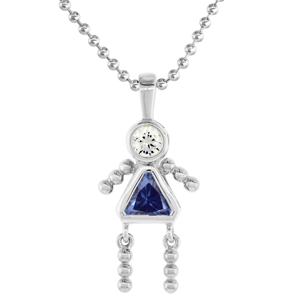 Sterling Silver Birthstone Necklace September Baby Brat Girl Blue Sapphire Color Cubic Zirconia, 16 inch