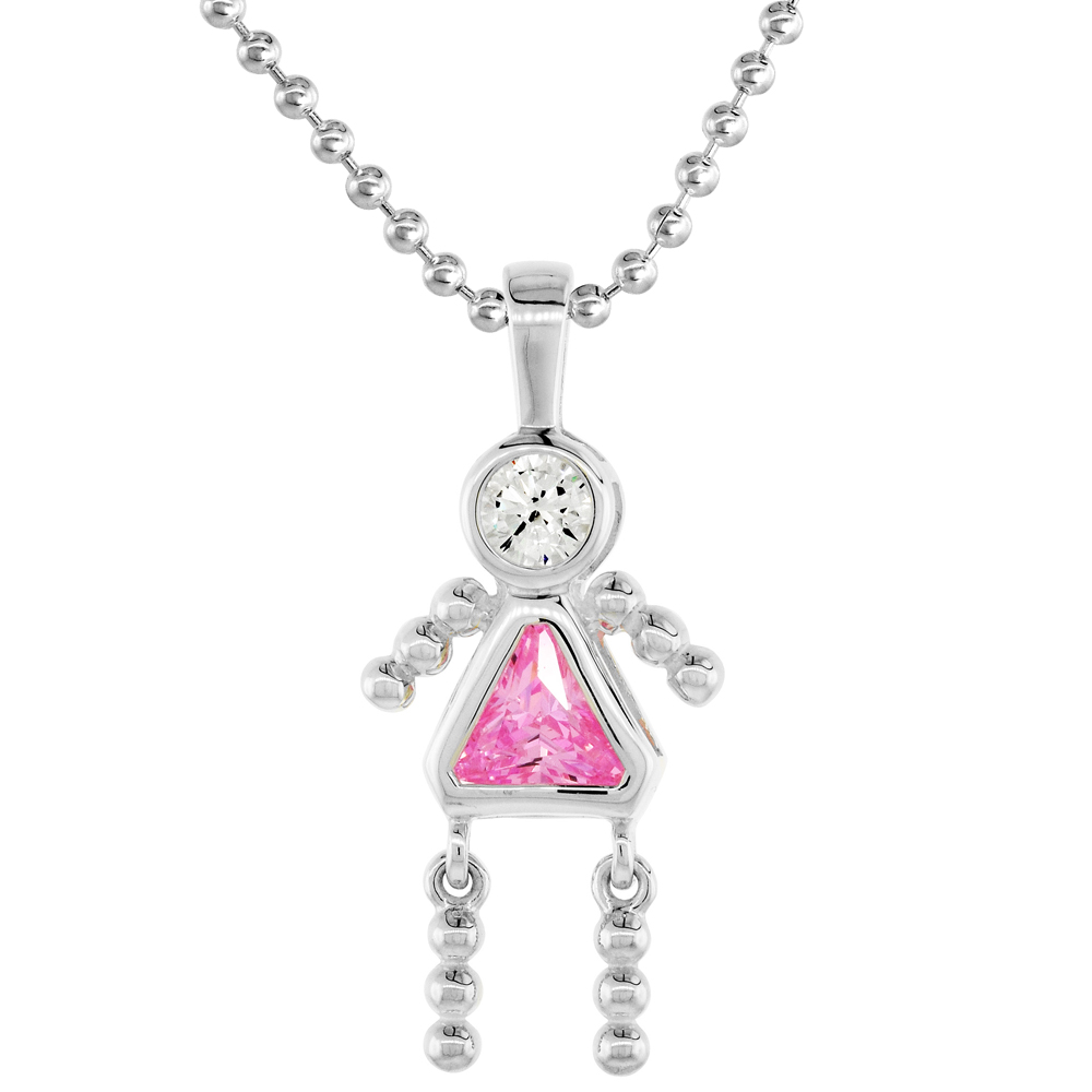Sterling Silver Birthstone Necklace October Baby Brat Girl Pink Tourmaline Color Cubic Zirconia, 16 inch