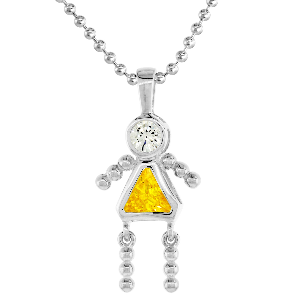 Sterling Silver Birthstone Necklace November Baby Brat Girl Citrine Color Cubic Zirconia, 16 inch