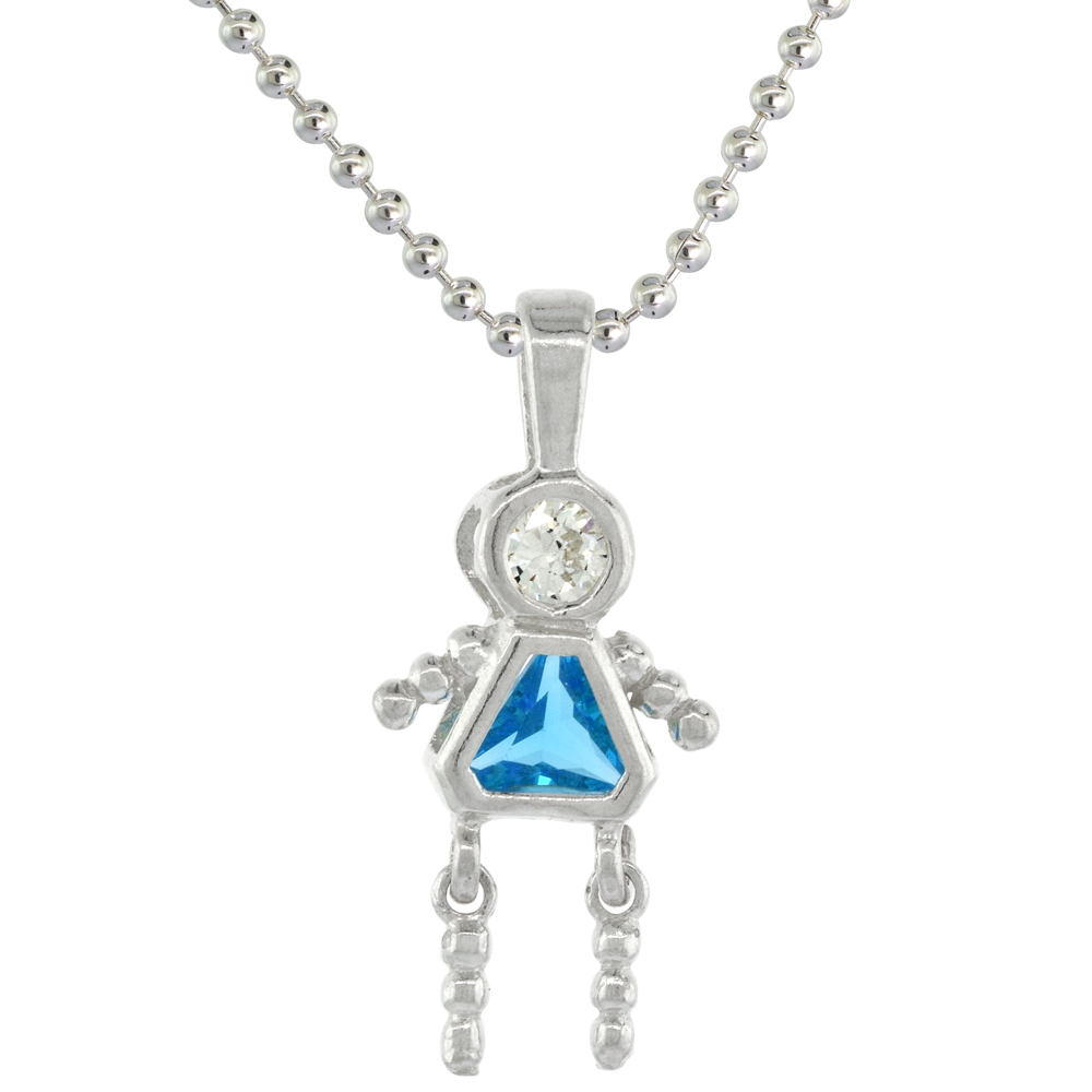 Sterling Silver Birthstone Necklace December Baby Brat Girl Blue Topaz Color Cubic Zirconia, 16 inch