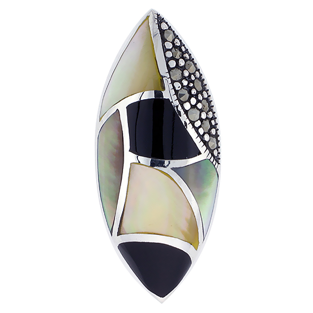 Sterling Silver Natural Shell and Marcasite Pendant Marquise, 9/16 inch wide