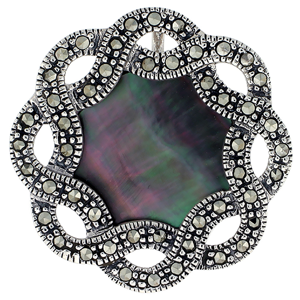 Sterling Silver Natural Shell and Marcasite Infinity Frame Pendant Round, 1 7/32 inch wide
