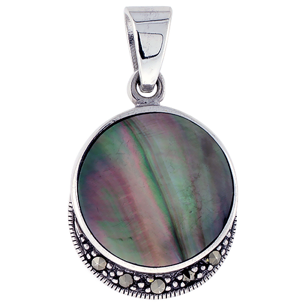 Sterling Silver Natural Shell Round Pendant Marcasite Accent, 7/8 inch wide