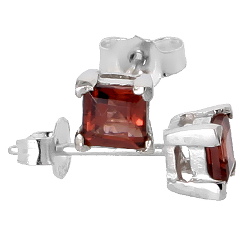 Sterling Silver 4 mm Princess Cut Genuine Garnet Stud Earrings 4 prong Basket Setting 0.40 Carat size Stones