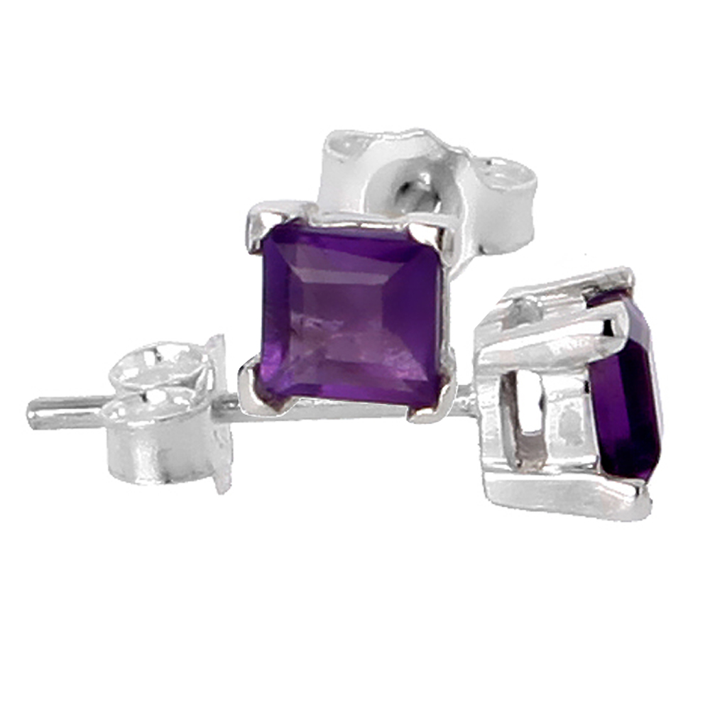 Sterling Silver 4 mm Princess Cut Genuine Amethyst Stud Earrings 4 prong Basket Setting 0.40 Carat size Stones
