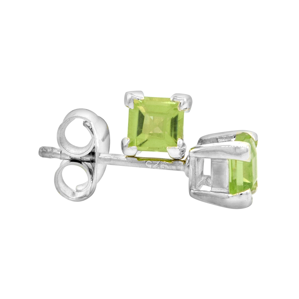 Sterling Silver 4 mm Princess Cut Genuine Peridot Stud Earrings 4 prong Basket Setting 0.40 Carat size Stones