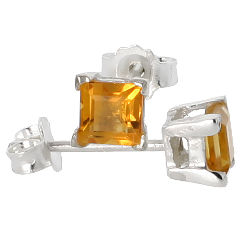 Sterling Silver 4 mm Princess Cut Genuine Citrine Stud Earrings 4 prong Basket Setting 0.40 Carat size Stones