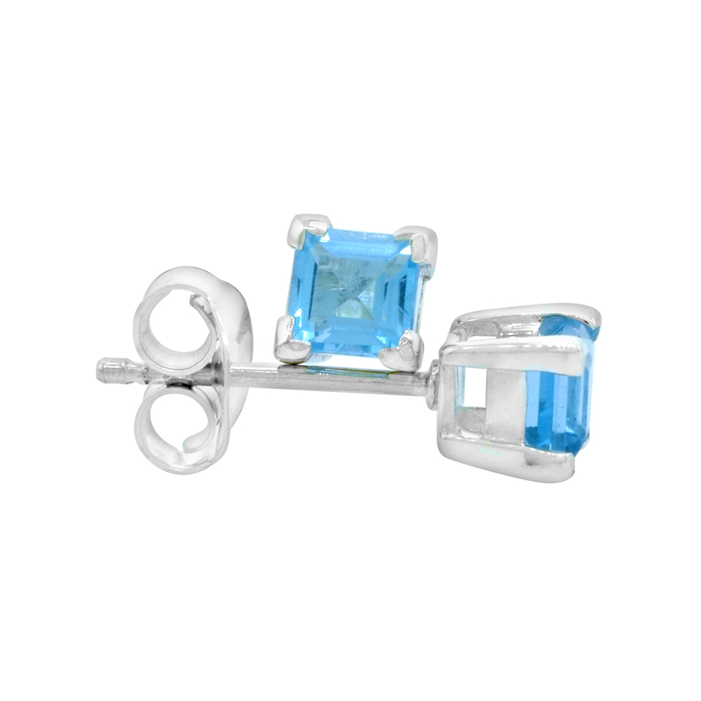 Sterling Silver 4 mm Princess Cut Genuine Blue Topaz Stud Earrings 4 prong Basket Setting 0.40 Carat size Stones
