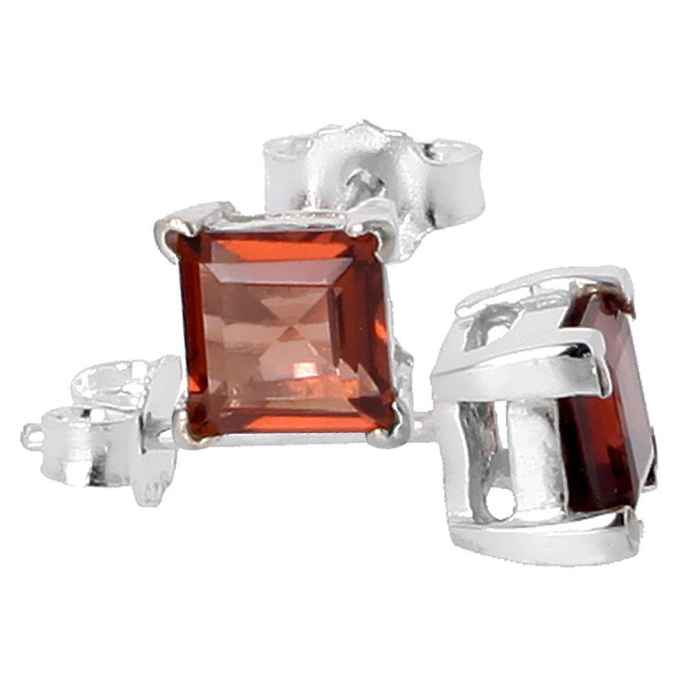 Sterling Silver 5 mm Princess Cut Genuine Garnet Stud Earrings 4 prong Basket Setting 3/4 Carat size Stones