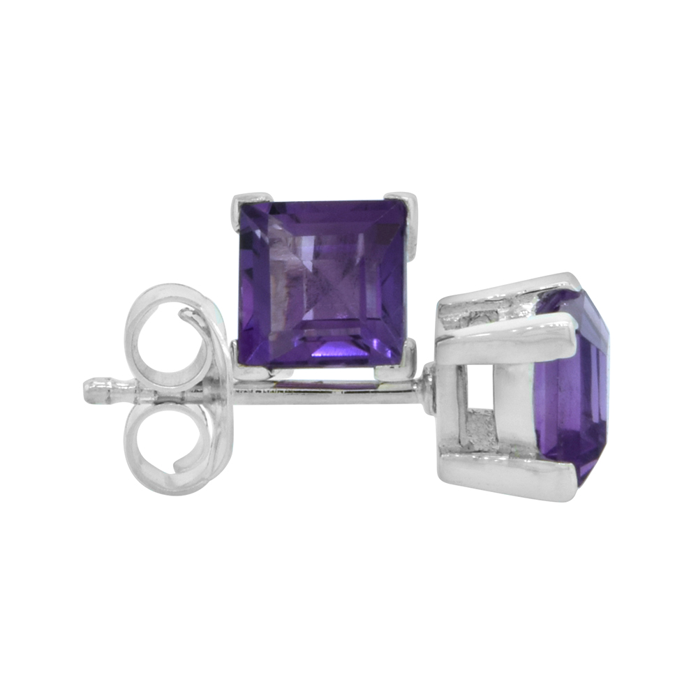 Sterling Silver 5 mm Princess Cut Genuine Amethyst Stud Earrings 4 prong Basket Setting 3/4 Carat size Stones