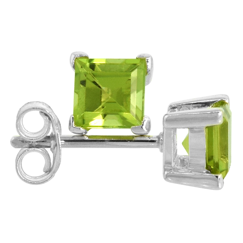 Sterling Silver 5 mm Princess Cut Genuine Peridot Stud Earrings 4 prong Basket Setting 3/4 Carat size Stones