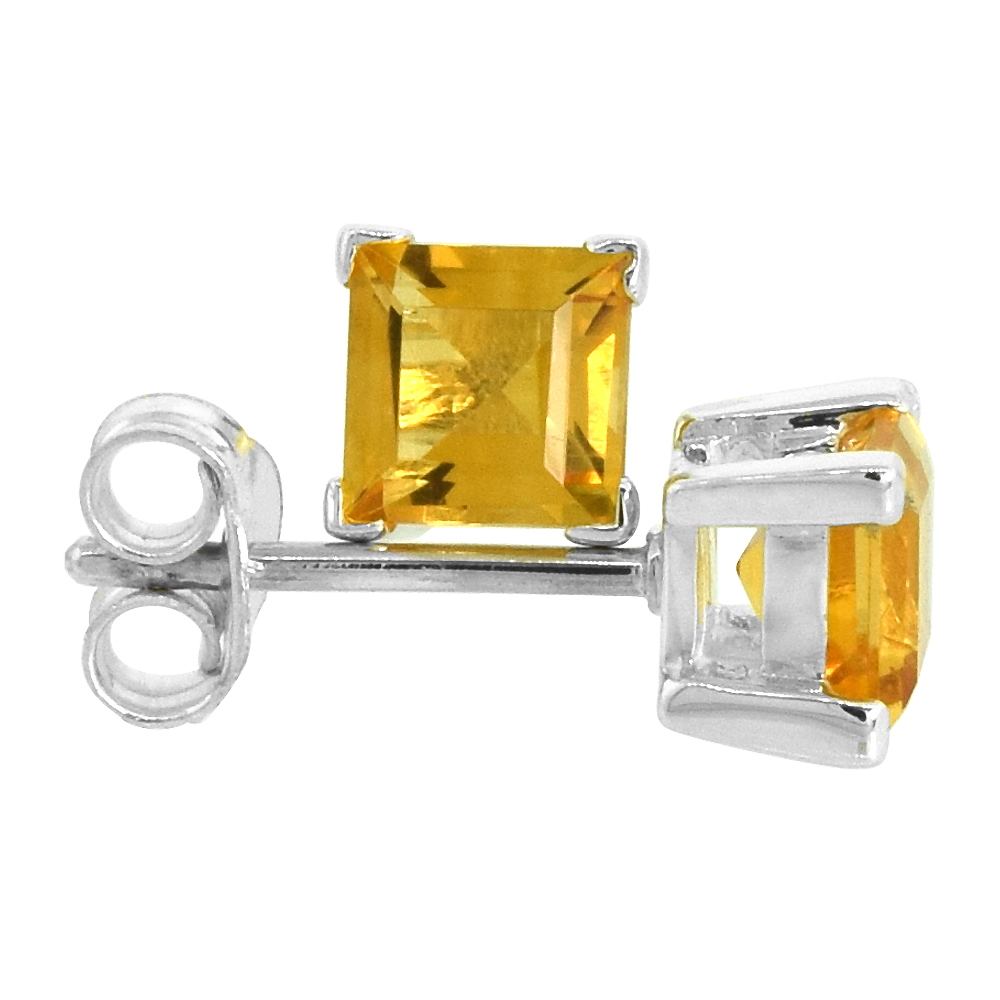 Sterling Silver 5 mm Princess Cut Genuine Citrine Stud Earrings 4 prong Basket Setting 3/4 Carat size Stones