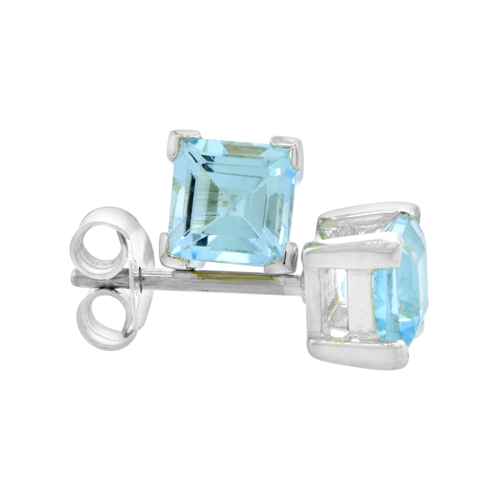 Sterling Silver 5 mm Princess Cut Genuine Blue Topaz Stud Earrings 4 prong Basket Setting 3/4 Carat size Stones