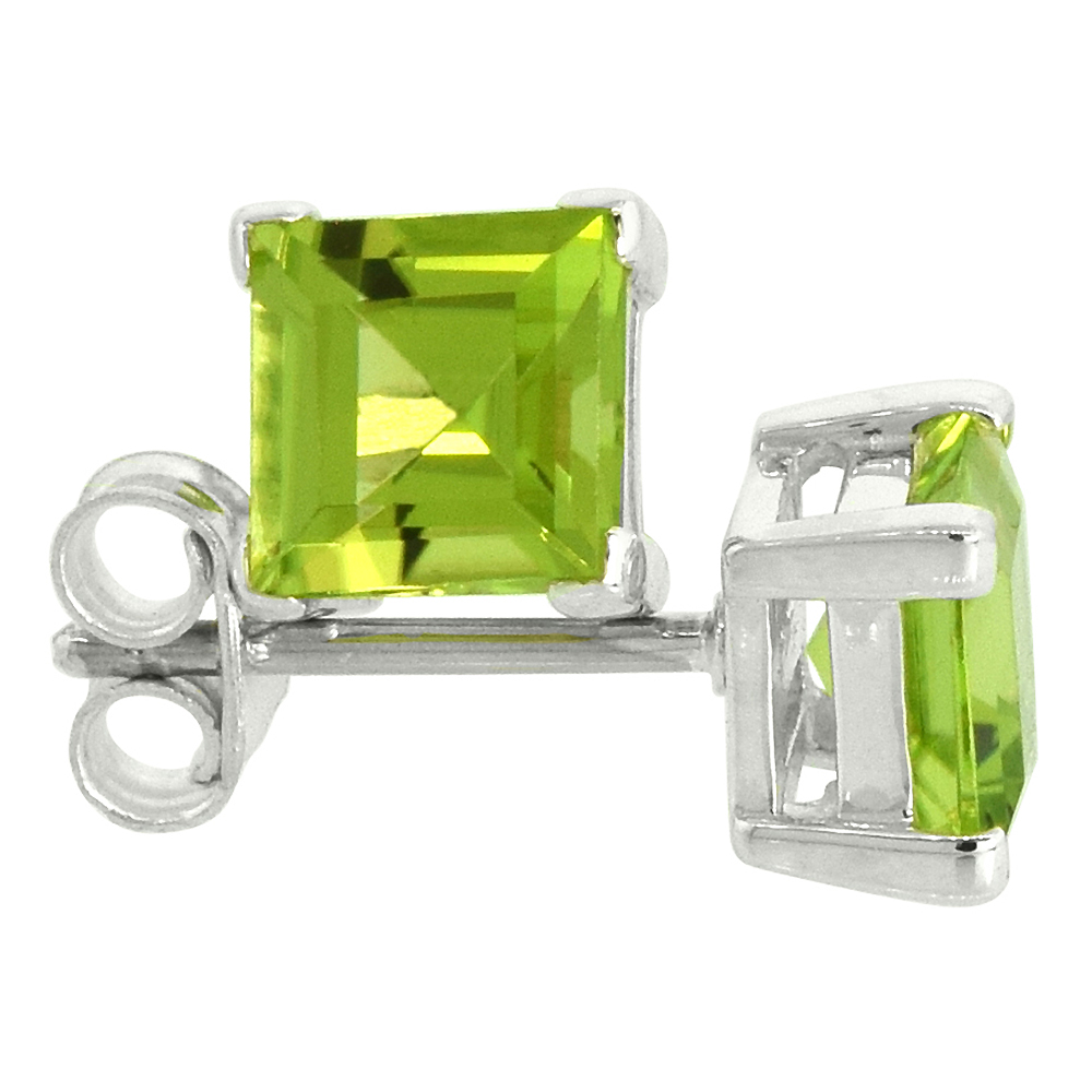 Sterling Silver 6 mm Princess Cut Genuine Peridot Stud Earrings 4 prong Basket Setting 1 1/4 Carat size Stones