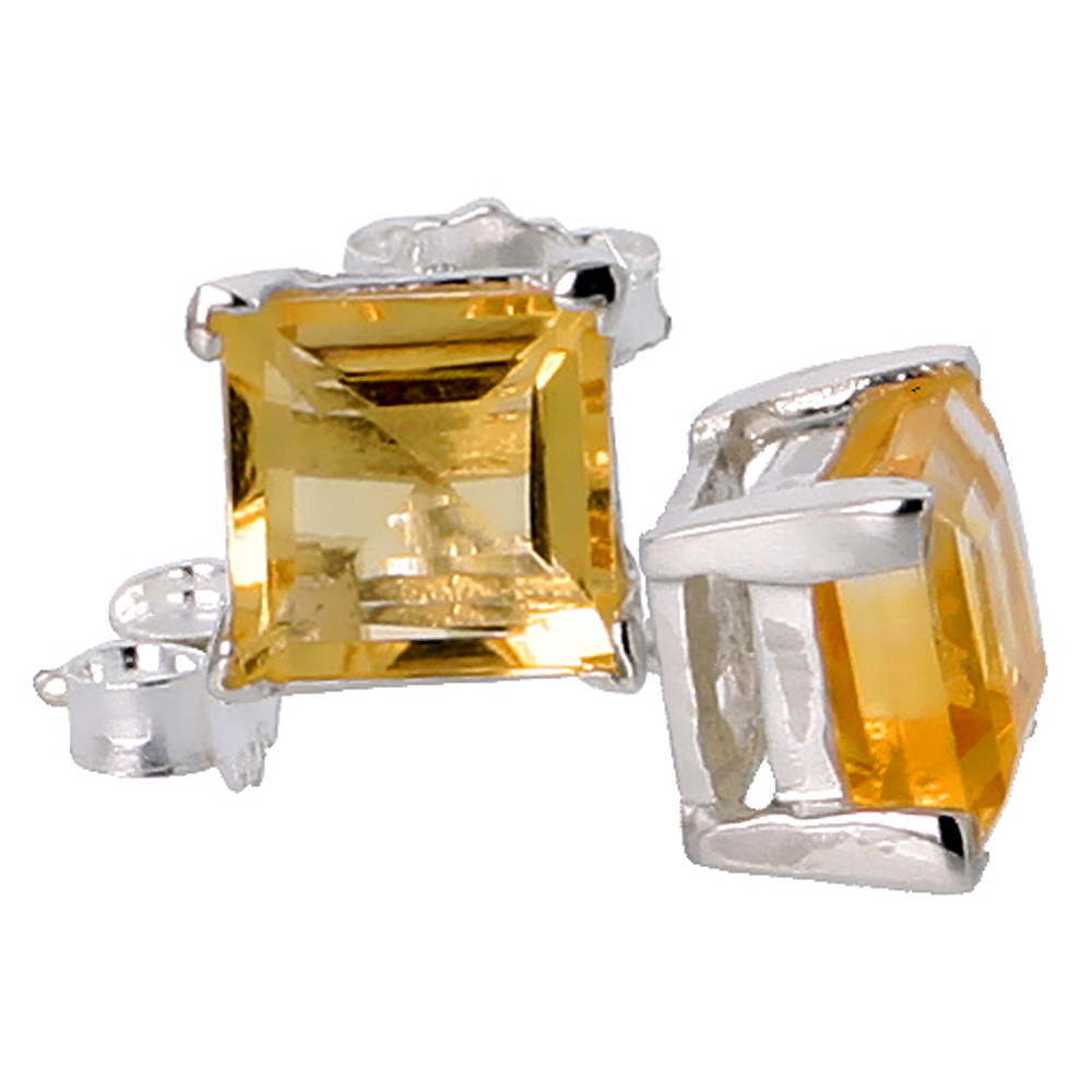 Sterling Silver 6 mm Princess Cut Genuine Citrine Stud Earrings 4 prong Basket Setting 1 1/4 Carat size Stones