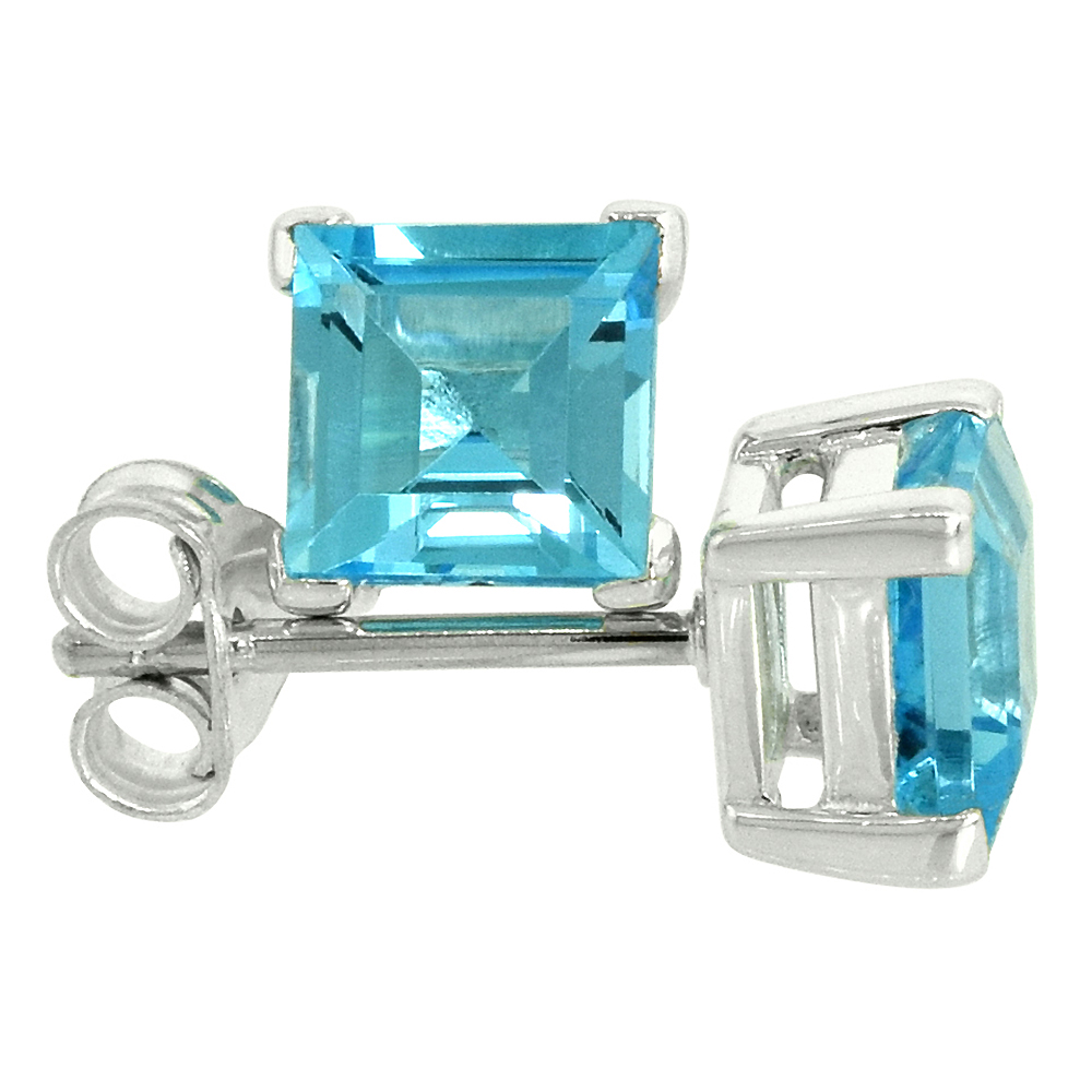 Sterling Silver 6 mm Princess Cut Genuine Blue Topaz Stud Earrings 4 prong Basket Setting 1 1/4 Carat size Stones