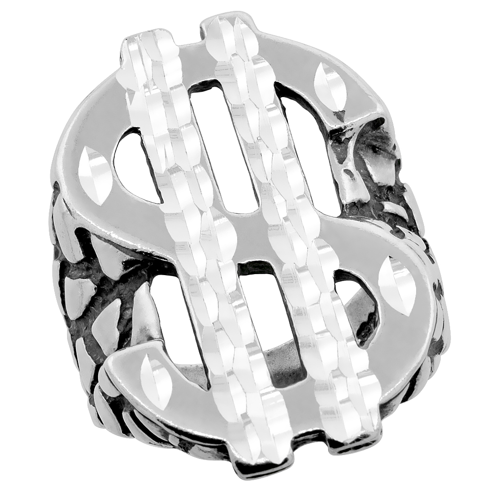 Sterling Silver Dollar Sign Ring Oxidized Diamond Cut, 1 5/16 inch wide, sizes 8 - 13