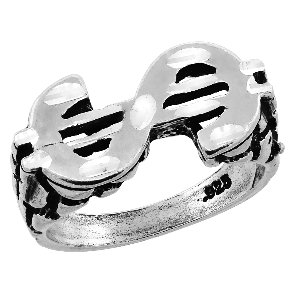 Sterling Silver Sideways Dollar Sign Ring Cut-out Oxidized Diamond Cut, 1/2 inch wide, sizes 8 - 13