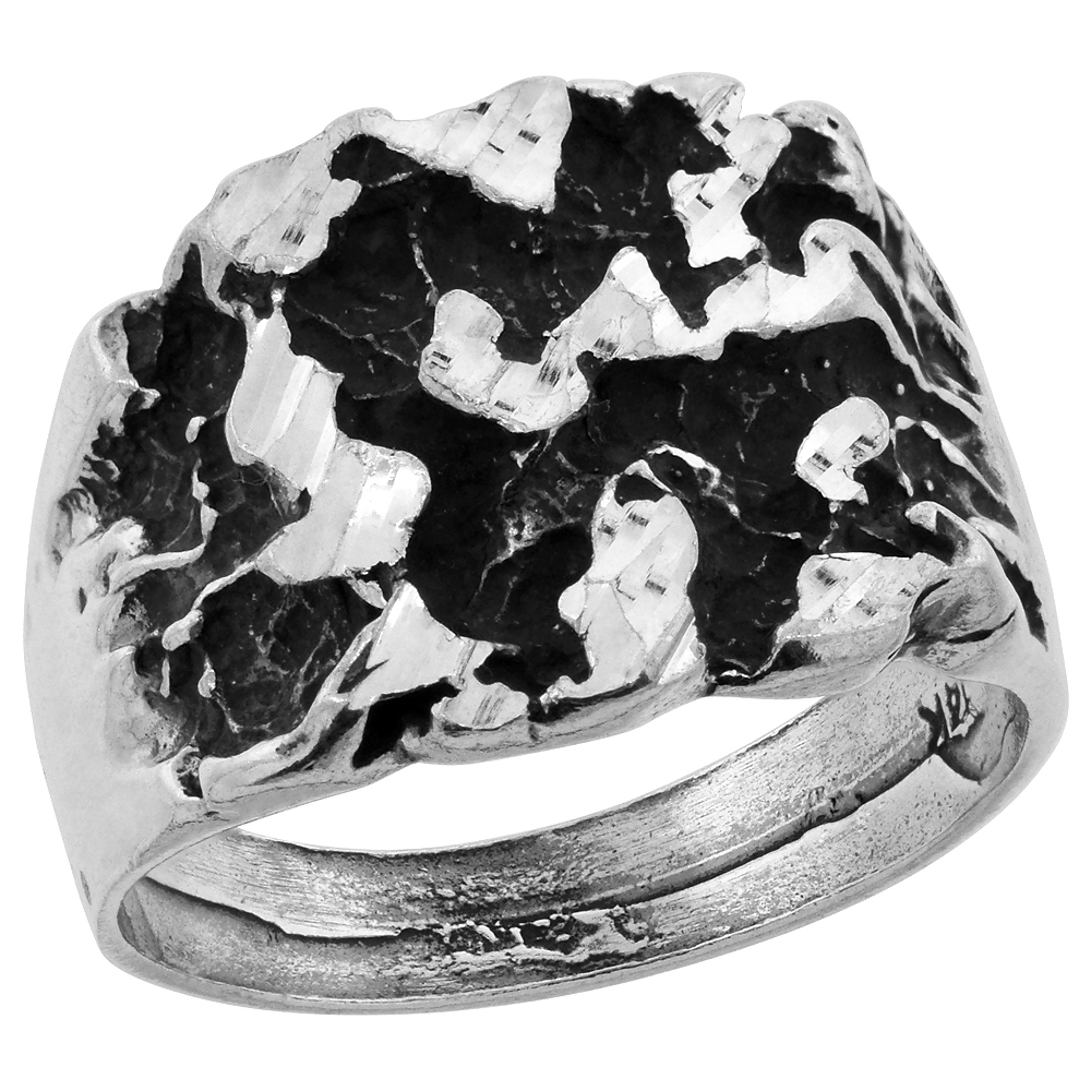 Sterling Silver Nugget Ring Oxidized Diamond Cut Finish 9/16 inch wide, sizes 8 - 13