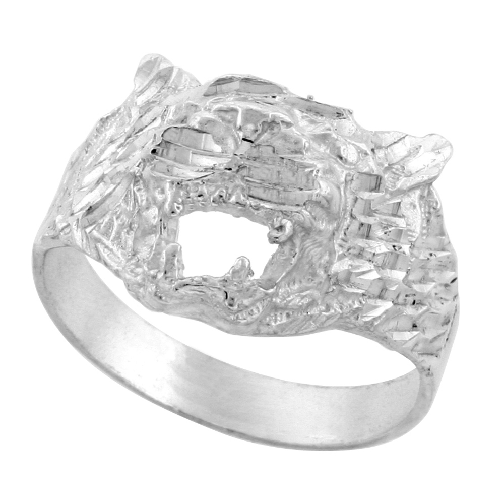3/4 inch Sterling Silver Tiger Head Ring for Men Polished finish sizes 8 - 13