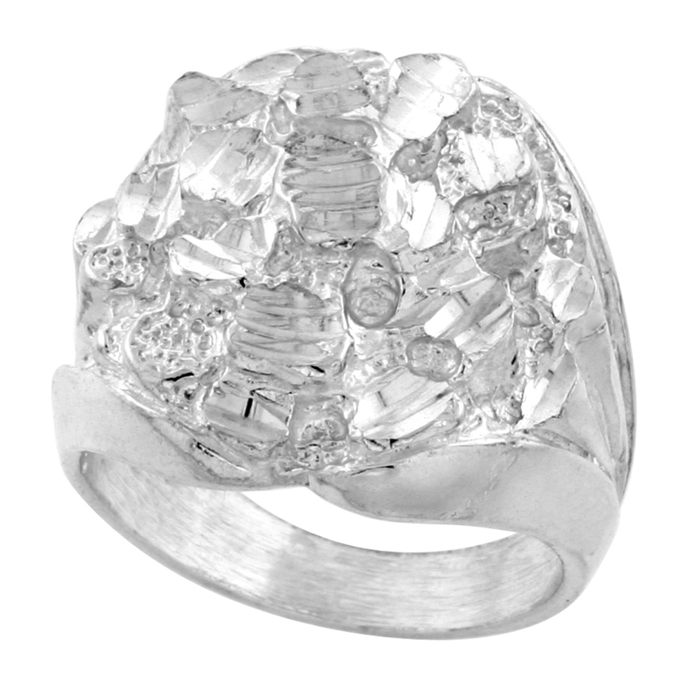 Sterling Silver Heavy Nugget Ring for Men Round Shape 7/8 inch wide sizes 8 - 13