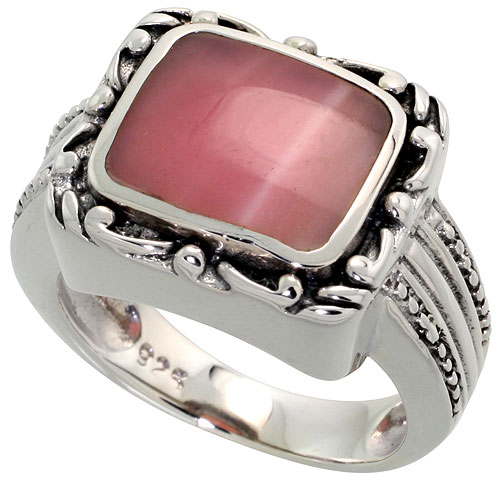 Sterling Silver Oxidized Ring, w/ 12 x 9 mm Rectangular Pink Mother of Pearl, 9/16" (14 mm) wide