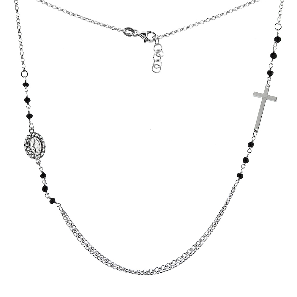 Sterling Silver Rhodium/Yellow/Rose Gold Finish Cubic Zirconia Miraculous Medal and Marian Cross Necklace with Black Bead Accents, 19.5 inch long + 0.75 inch extension