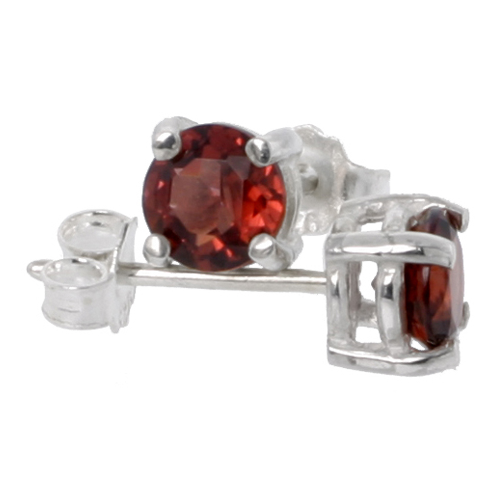 Sterling Silver 5 mm Brilliant Cut Genuine Garnet Stud Earrings 4 prong Basket Setting 1/2 Carat size Stones