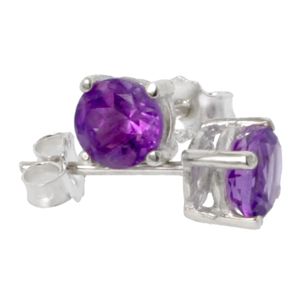 Sterling Silver 5 mm Brilliant Cut Genuine Amethyst Stud Earrings 4 prong Basket Setting 1/2 Carat size Stones