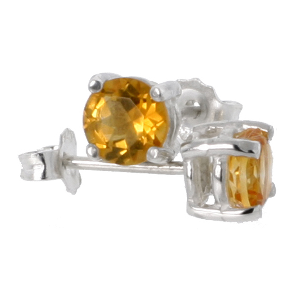 Sterling Silver 5 mm Brilliant Cut Genuine Citrine Stud Earrings 4 prong Basket Setting 1/2 Carat size Stones