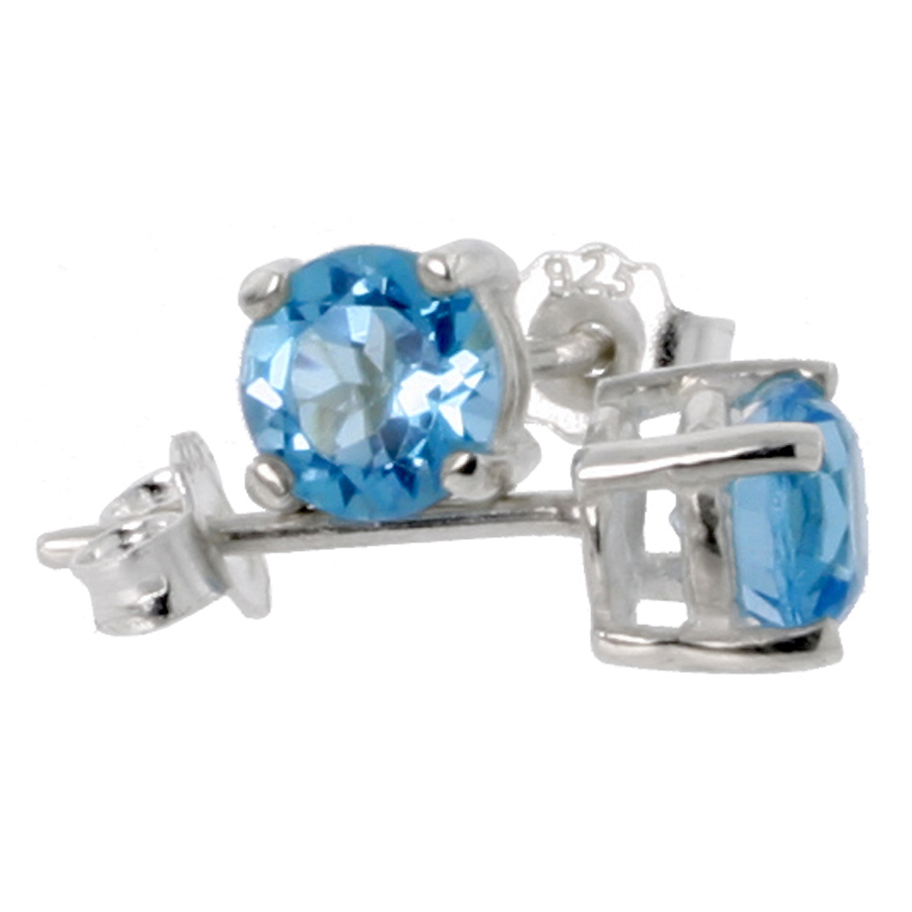 Sterling Silver 5 mm Brilliant Cut Genuine Blue Topaz Stud Earrings 4 prong Basket Setting 1/2 Carat size Stones