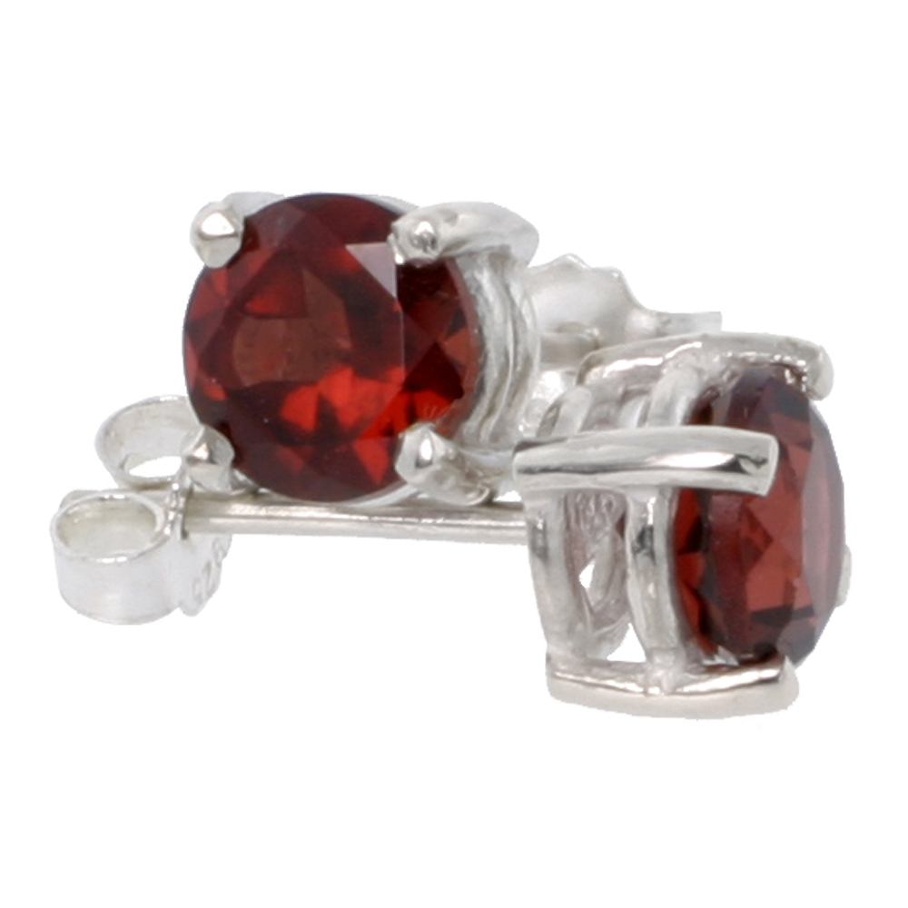 Sterling Silver 6 mm Brilliant Cut Genuine Garnet Stud Earrings 4 prong Basket Setting 1 Carat size Stones
