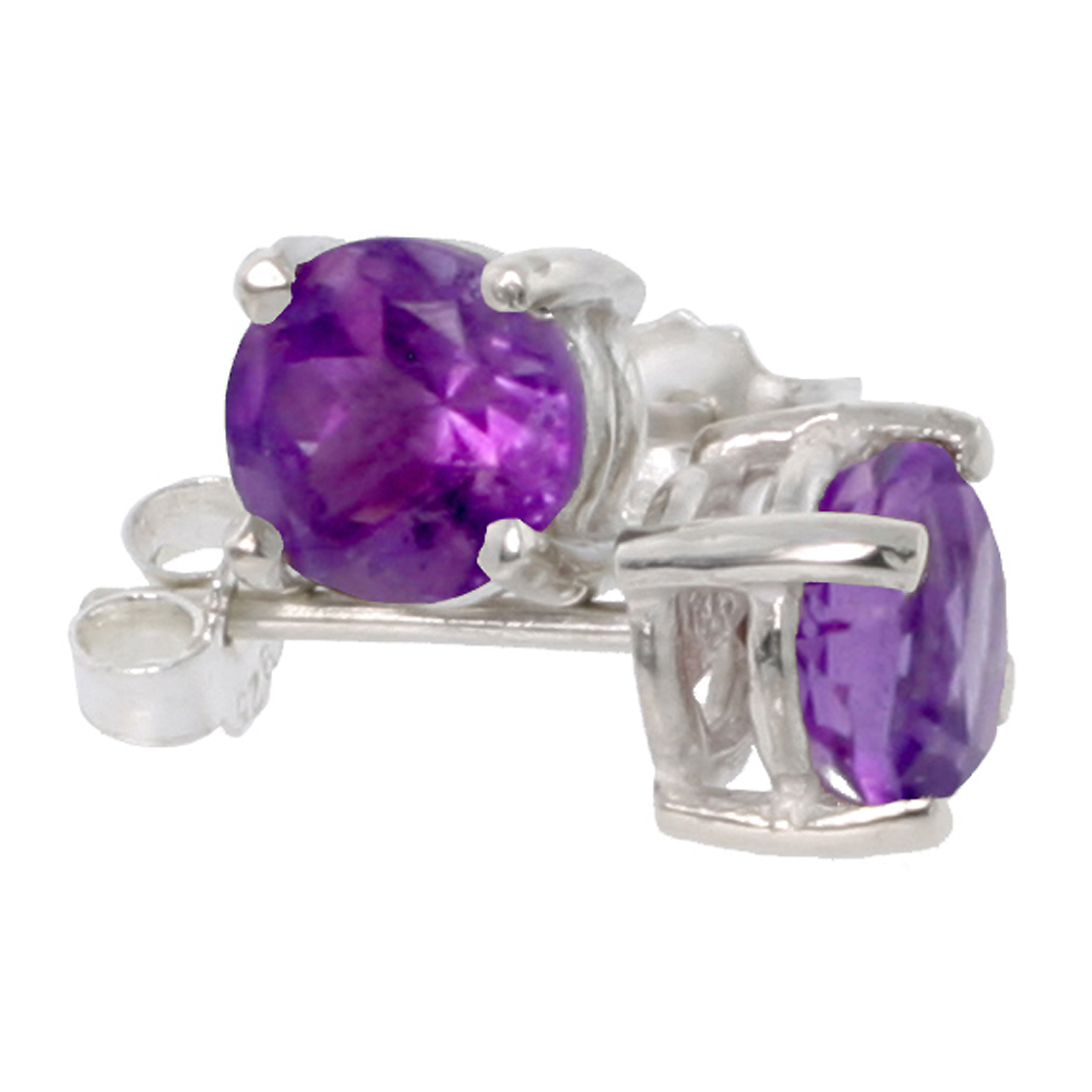 Sterling Silver 6 mm Brilliant Cut Genuine Amethyst Stud Earrings 4 prong Basket Setting 1 Carat size Stones