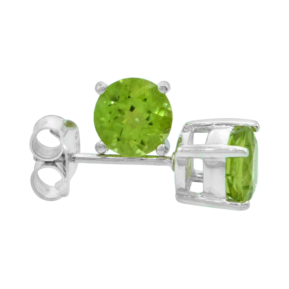 Sterling Silver 6 mm Brilliant Cut Genuine Peridot Stud Earrings 4 prong Basket Setting 1 Carat size Stones