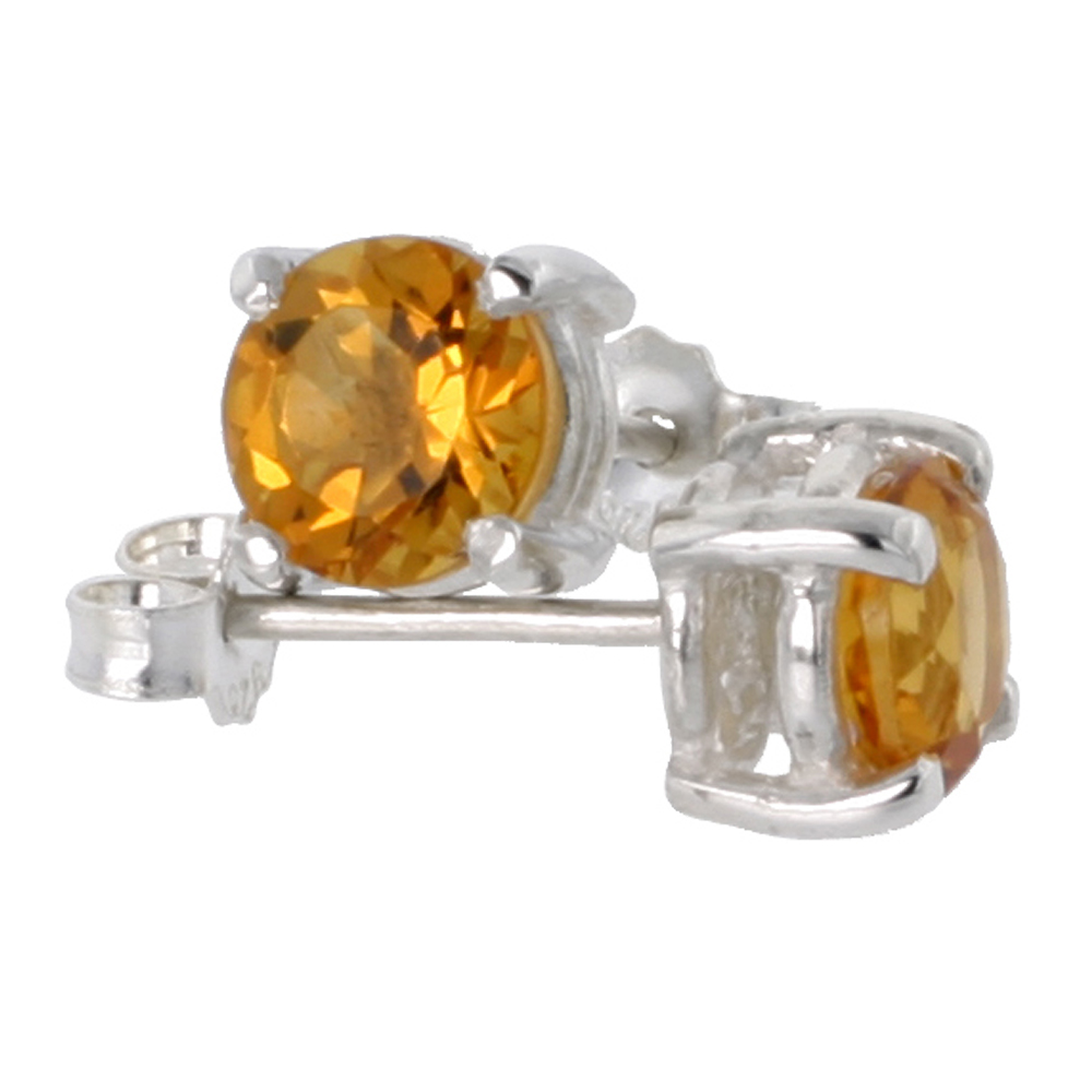 Sterling Silver 6 mm Brilliant Cut Genuine Citrine Stud Earrings 4 prong Basket Setting 1 Carat size Stones