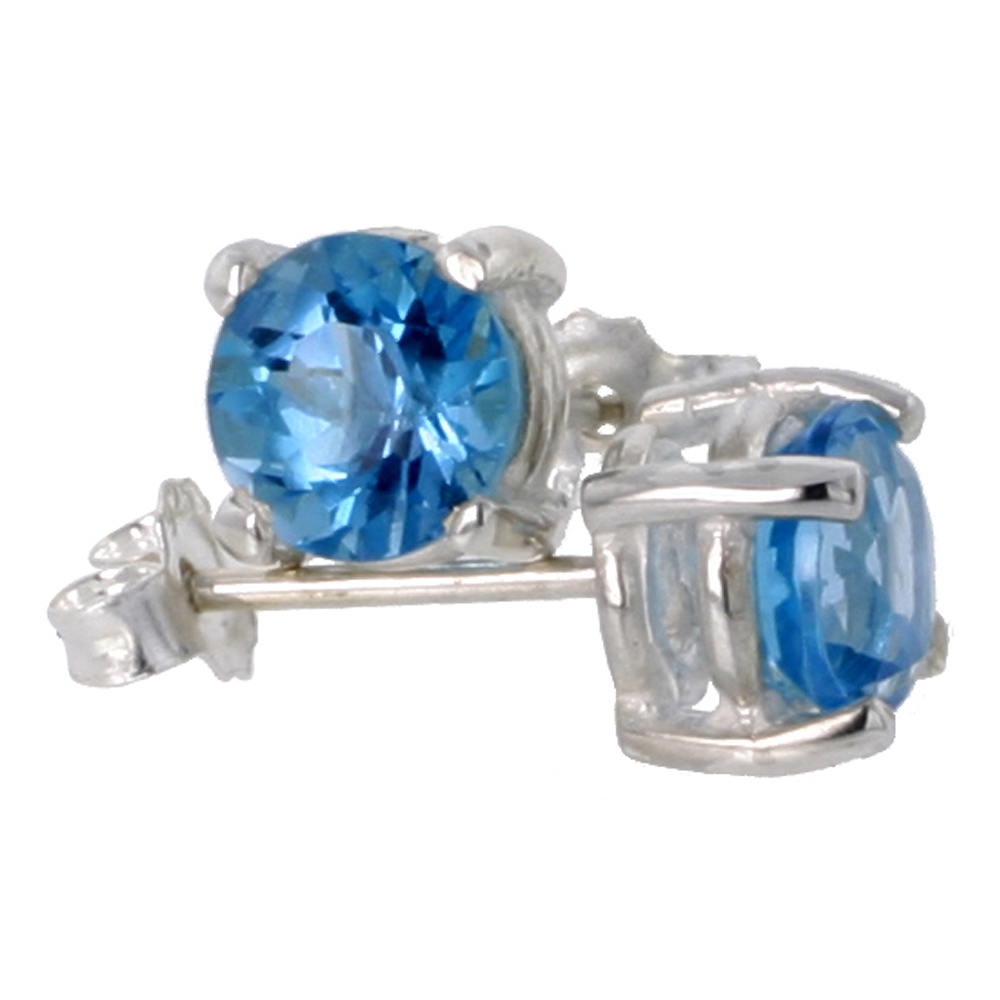 Sterling Silver 6 mm Brilliant Cut Genuine Blue Topaz Stud Earrings 4 prong Basket Setting 1 Carat size Stones