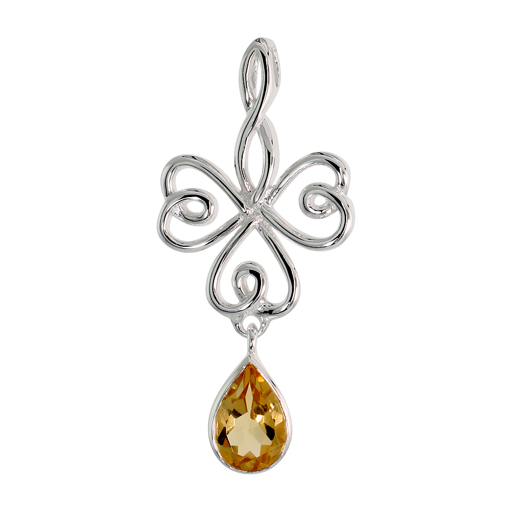 Sterling Silver Genuine Citrine Celtic Shamrock Pendant Teardrop, 1 1/2 inch long