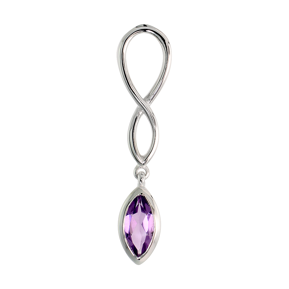 Sterling Silver Genuine Amethyst Infinity Symbol Pendant Teardrop, 1 1/2 inch long