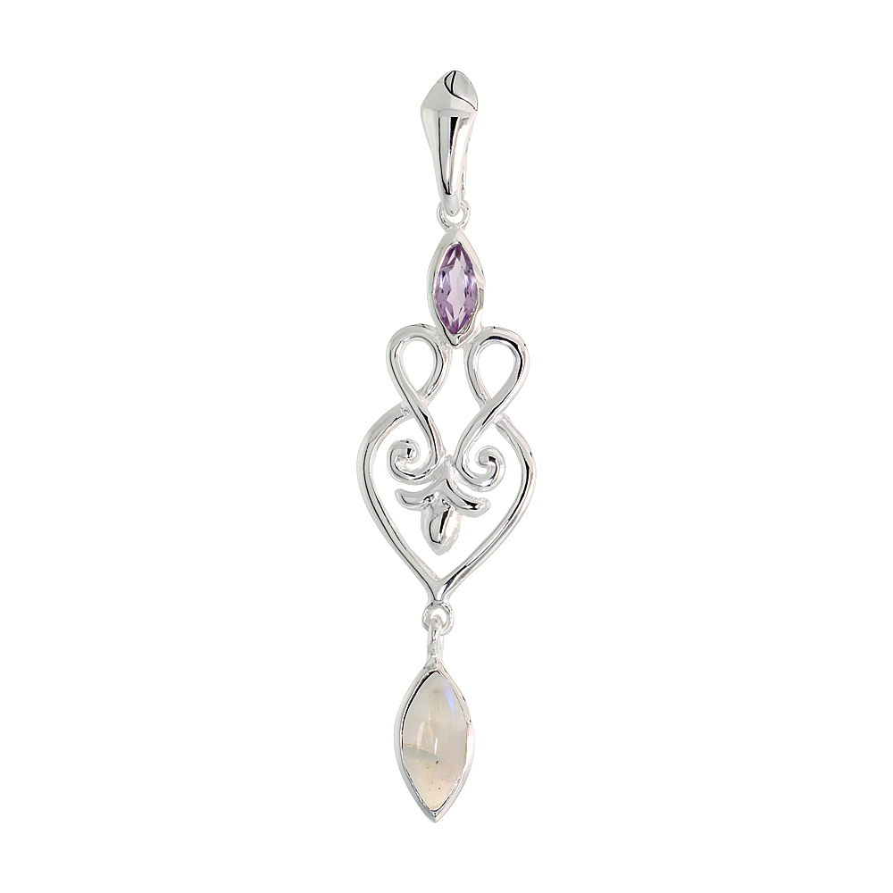 Sterling Silver Genuine Moonstone Blue topaz Scroll Heart Pendant, 2 1/16 inch long