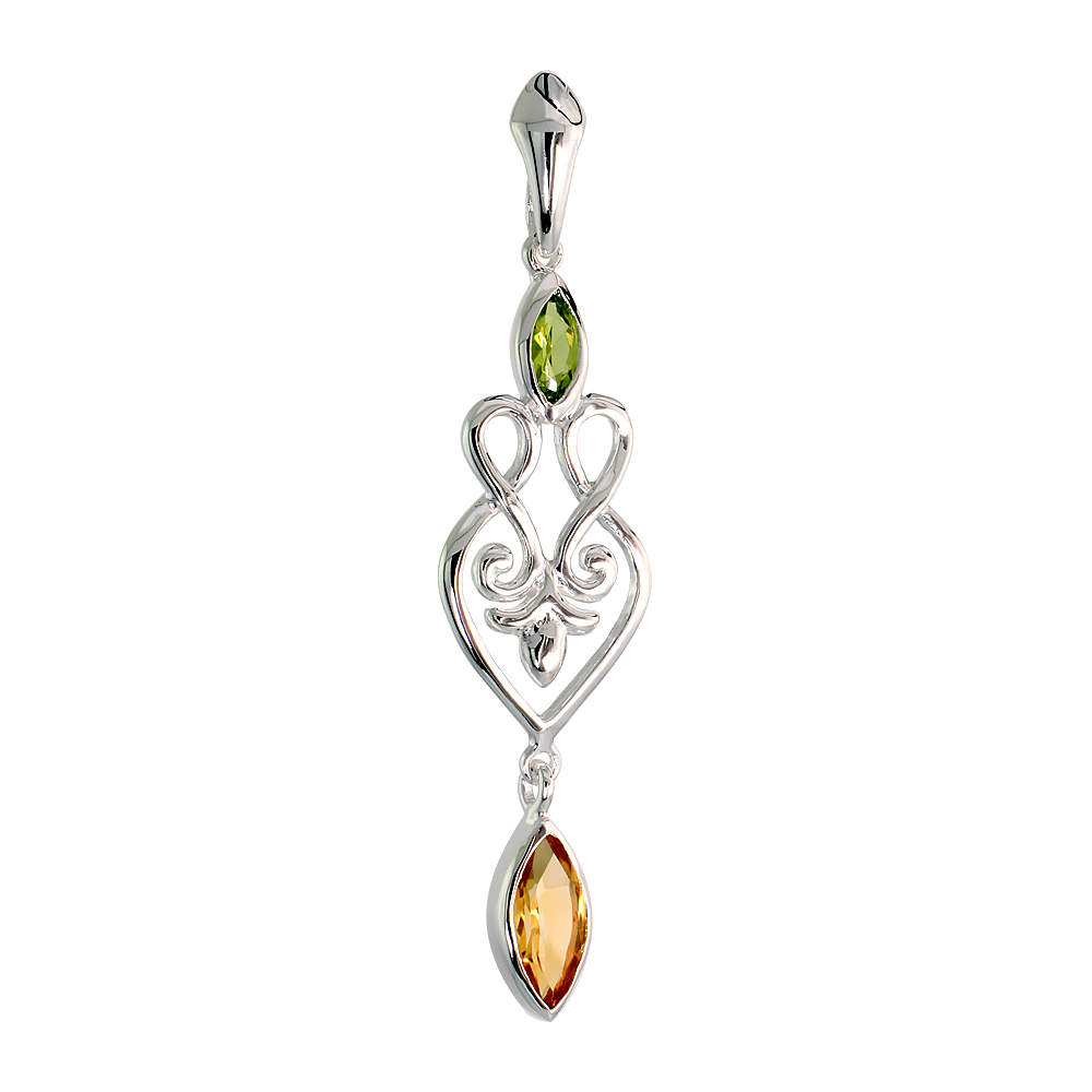 Sterling Silver Genuine Citrine Blue topaz Scroll Heart Pendant, 2 1/16 inch long